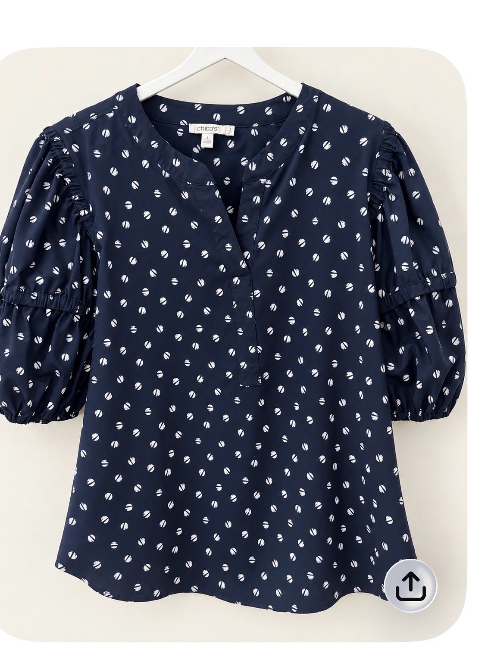 Chico's Navy Dot-Print Puff Sleeve Blouse. Size L